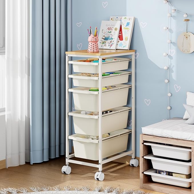 Slim Rolling Storage Cart with 5 Drawers, Craft Organizer, Wooden Tabletop - Image 7