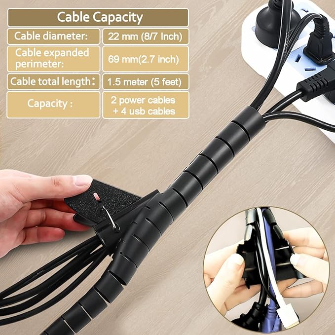 Black Computer Cable Management Sleeve Tube Under Desk Cord Organizer, 7/8 inch - Image 2