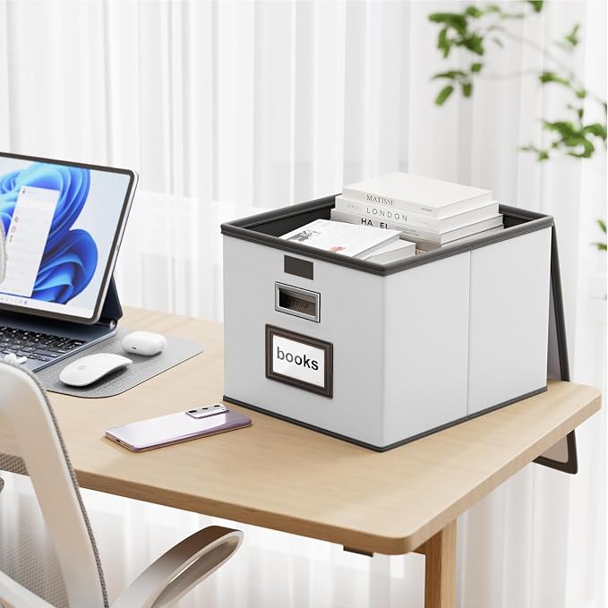 File Organizer Box with Lid, Collapsible Faux Leather Hanging File Folder Box - Image 2