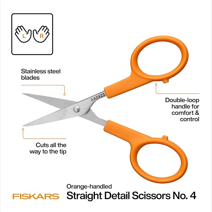 Fiskars 4" Orange-Handled No. 4 Straight Detail Scissors, Precision Stainless - Image 2