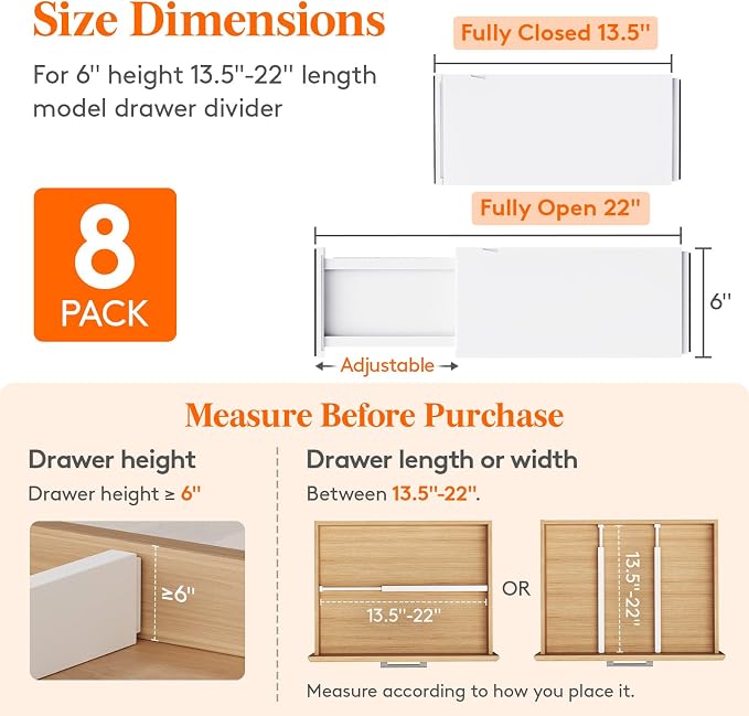 Lifewit 8 Pack 6" High Drawer Dividers 34-56cm/13.5-22" Adjustable Drawer - Image 2