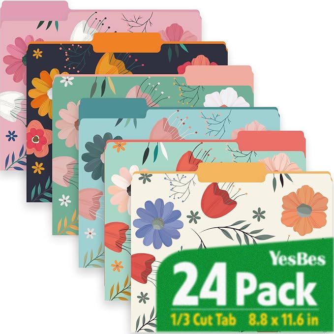 24 Pack Decorative File Folders, 1/3 Cut Tab Floral Colored Folders Letter Size by YesBes