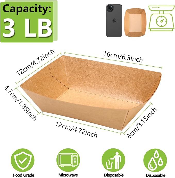 100 Pack 3lb Heavy Duty Paper Food Trays Kraft Leak Proof Paper Food Boats - Image 2