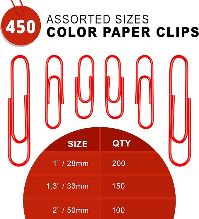Kempshott 450 Red Color Paper Clips Assorted Sizes Small, Medium and Large - Image 2