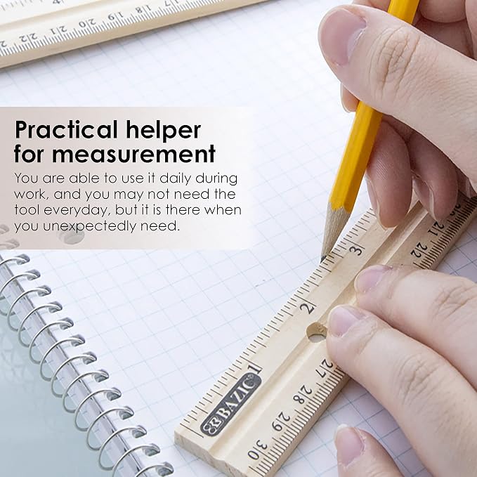 BAZIC Products 12 in Wooden Ruler, Inch & Metric, 3 Pack, single metal edge and - Image 3