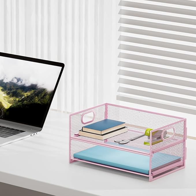 Marbrasse 2 Tier Paper Organizer Letter Tray, Mesh File Organizer - Image 3