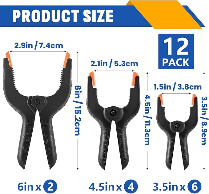 12 Pack Plastic Spring Clamps Set, 3 Sizes of Spring Clips 3.5 Inch, 4.5 Inch - Image 2