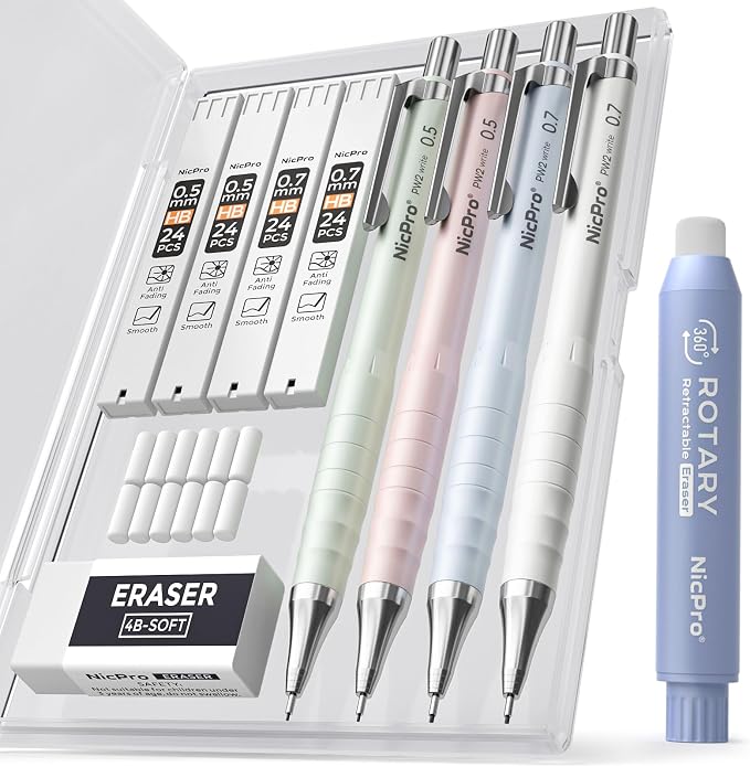 Nicpro Cute Mechanical Pencil Set, 4B Erasers, Rotary Retractable Eraser by Nicpro