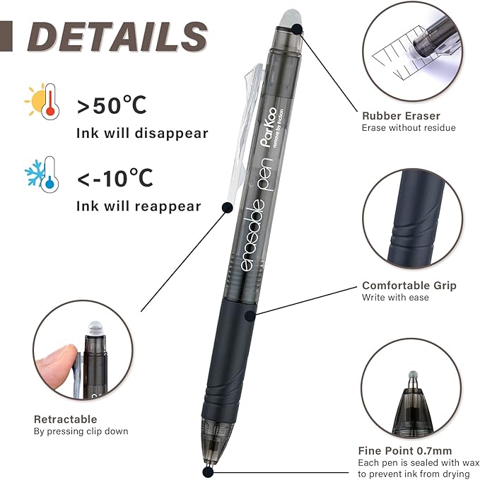 ParKoo Retractable Erasable Gel Pens Clicker Fine Point 0.7 mm, No Need - Image 2