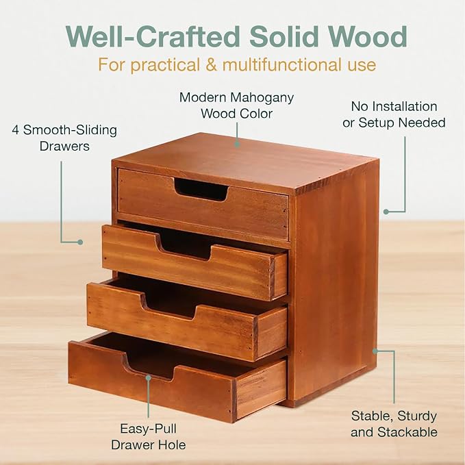 4 Drawer Desktop Storage Organizer in Modern Wood Design 4-Drawer Stackable - Image 4