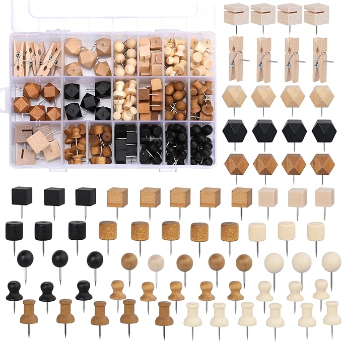 196 Pcs Thumb Tacks, Push Pins for Cork Board, Wooden Push Pins, Wooden Thumb by Zlulary
