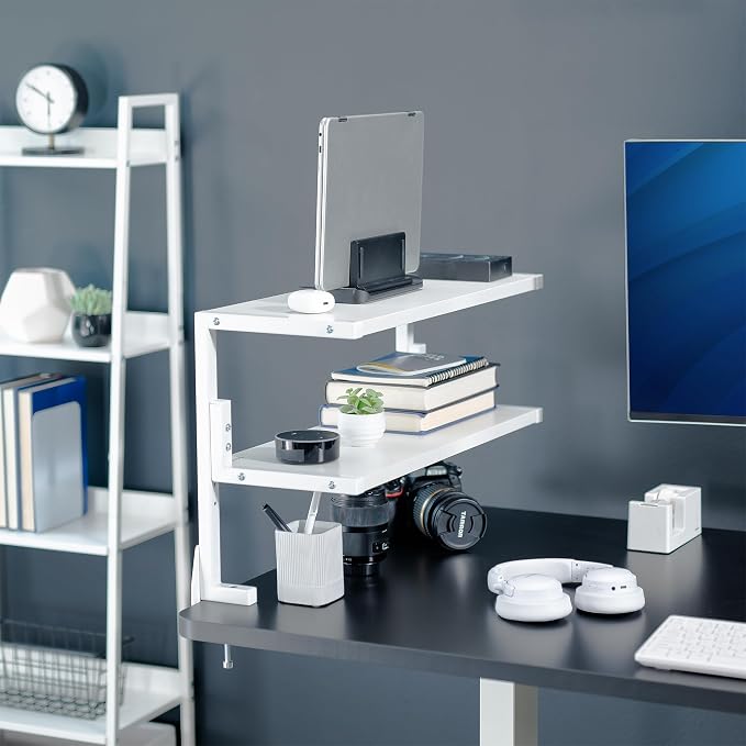 VIVO White Clamp-on 24 inch 2-Tier Desk Shelf, STAND-SHELF24C-W | Above or - Image 2