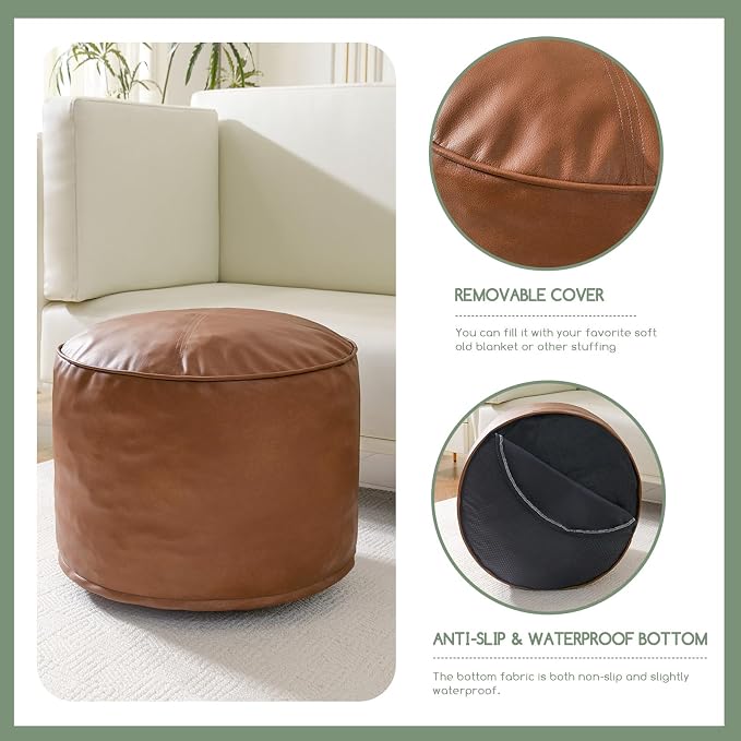 HIGOGOGO Round Stuffed Pouf Ottoman, Pu Leather Poufs - Image 3