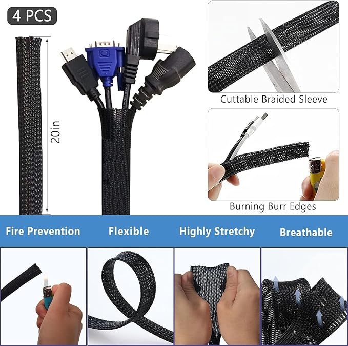 ELII 300PCS White Cable Management Kit, 4 Cable Sleeve 35 Cable Clips | 11Cord - Image 2