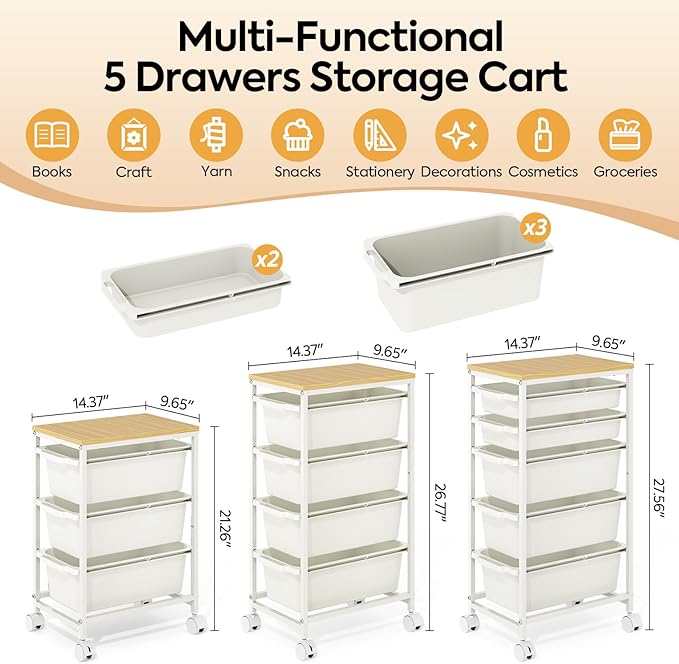 Slim Rolling Storage Cart with 5 Drawers, Craft Organizer, Wooden Tabletop - Image 2