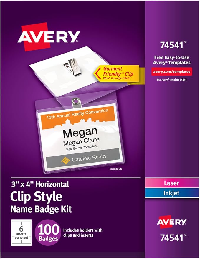 Avery Customizable Name Badges, Clip Style, 100 Total by Avery