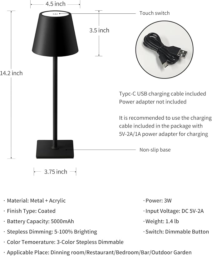 KDG Cordless Table Lamp, Portable LED Desk Lamp, 5000mAh Battery Operated - Image 5