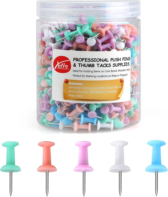 Push Pins 600 Count Macarone Colors, Standard Multicolored Thumb Tacks Steel by Yalis