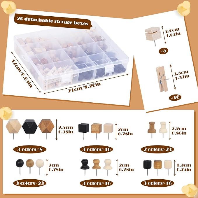 305 Pcs Thumb Tacks, Push Pins for Cork Board, Wooden Push Pins, Wooden Thumb - Image 2