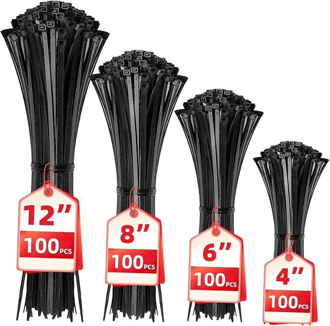 Cable Zip Ties, 400 Pack Black Assorted Sizes 12+8+6+4 Inch, Plastic Wire Ties by HAVEMETD