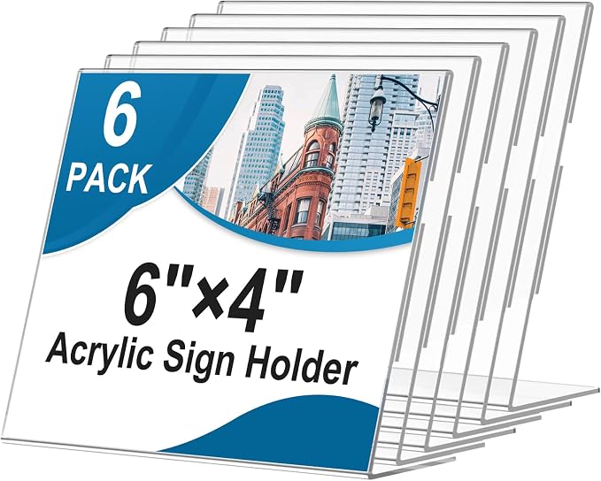 Acrylic Sign Holder 4 x 6 Horizontal, L-Shape Clear Plastic Display Stand by Seencool