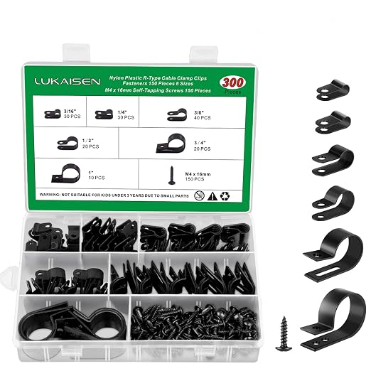 Cable Clips for Cable Management Cord Organizer, 6 Sizes 300 PCS Nylon R-Type by LuKaiSen
