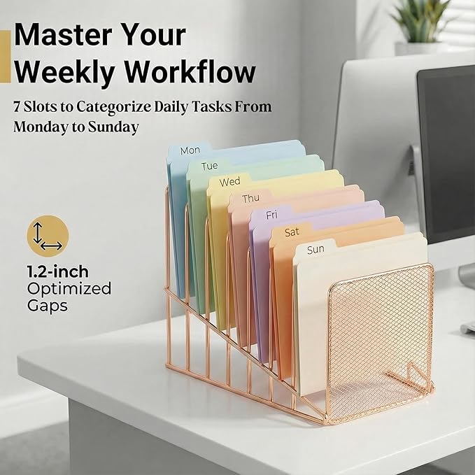 Rose Gold Desk Organizer 7 Slot Inclined Vertical File Folder Holder Sorter - Image 2
