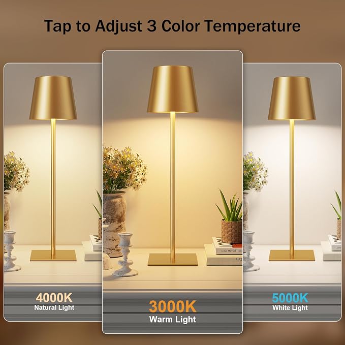 Gold Cordless Rechargeable Table Lamp, 2 Pack Portable Desk Lamp - Image 2