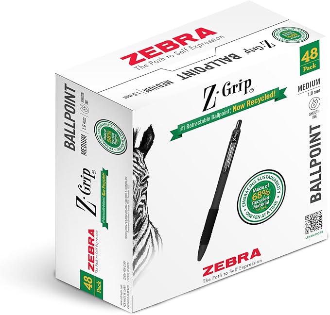 Zebra Pen Z-Grip Recycled Ballpoint Pens, Durable Metal Clip, 68% Recycled by ZebraPen