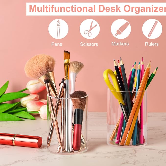 Mototo 4 Pieces Clear Acrylic Pen Holder Round Acrylic Pencil Cup Clear Makeup - Image 4