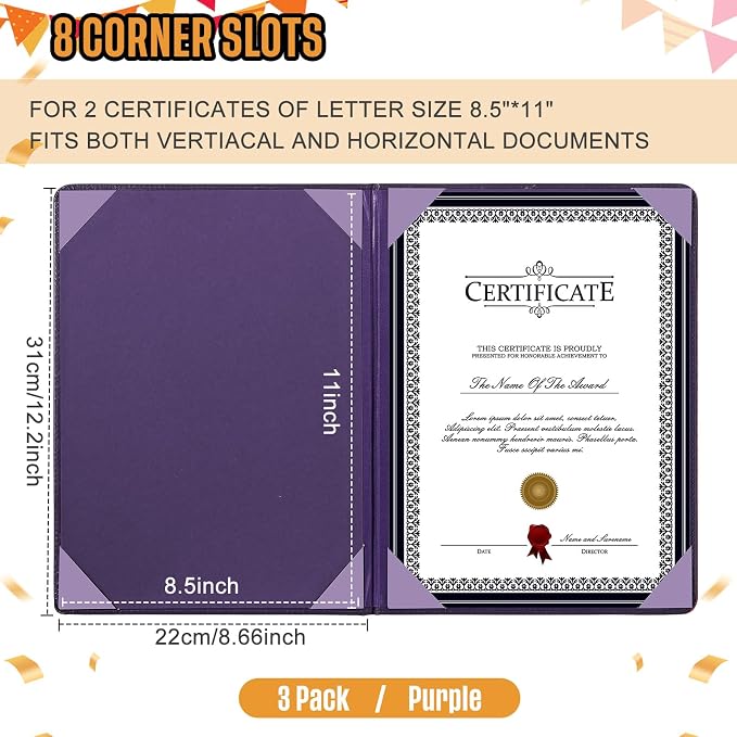 Tenare 3 Pcs Purple Leather Certificate Holder 8.5 x 11 PU Phd Bachelor Master - Image 2