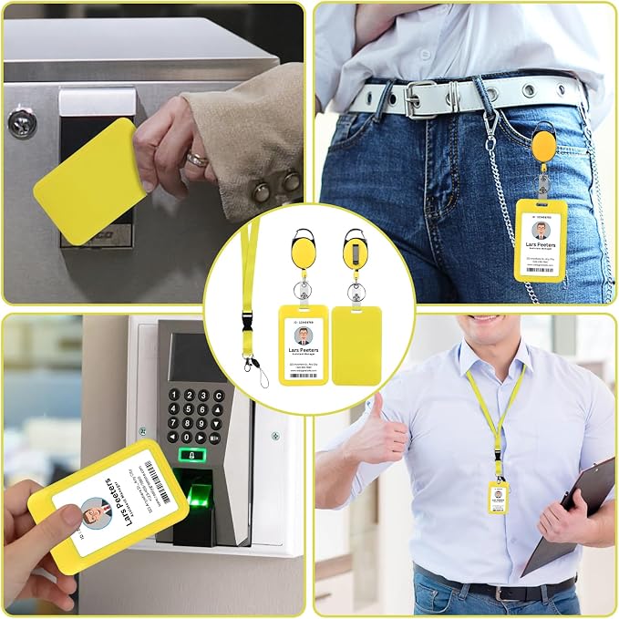 Yellow Lanyard with Vertical Id Holder, Retractable Heavy Duty Oval Carabiner - Image 2