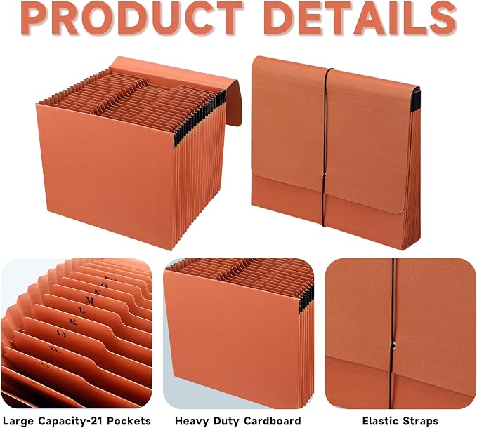 Expanding File Pockets with Cover, A-Z 21 Pockets Accordion File Organizer - Image 3