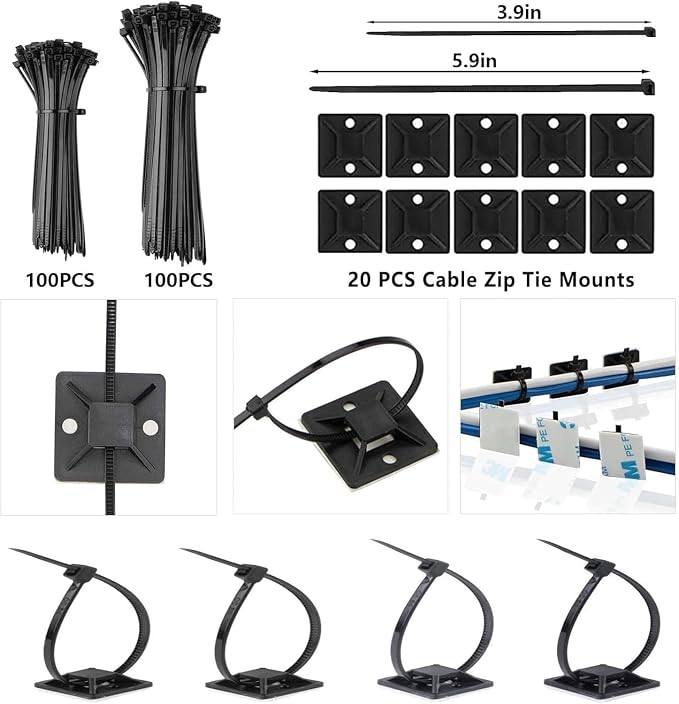 ELII 300PCS White Cable Management Kit, 4 Cable Sleeve 35 Cable Clips | 11Cord - Image 4