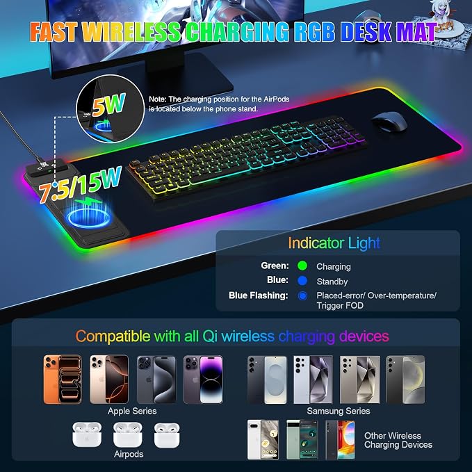 RGB Mouse Pad with Foldable Phone Stand Wireless Charger, 31.5"x11.8" XL Gaming - Image 2