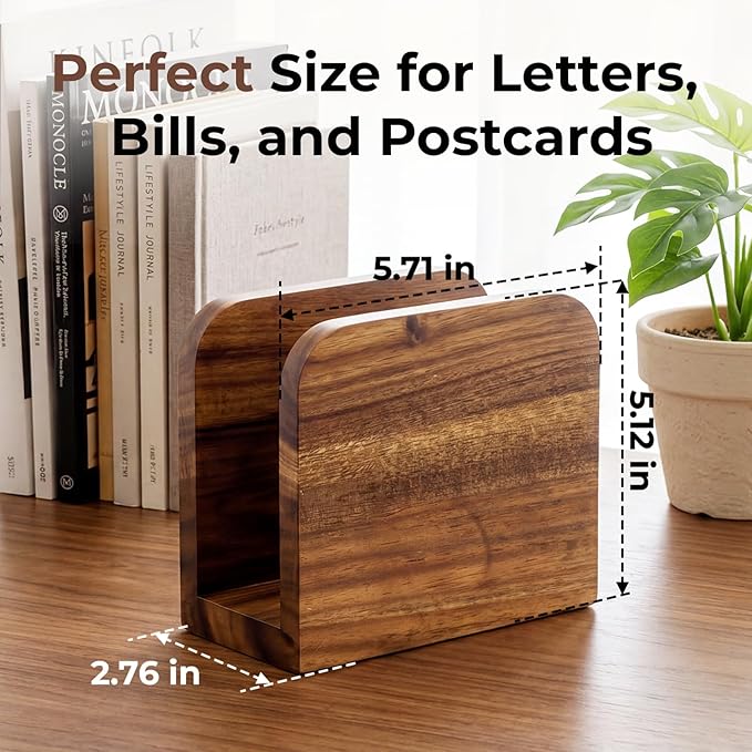 Acacia Wood Mail Organizer Countertop -Small Letter Holder - Image 3