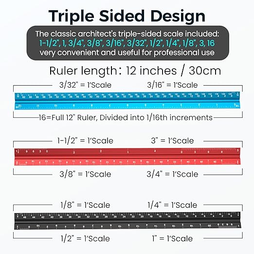 Rena Chris 2PCS Architectural Scale Ruler: 12" Imperial Aluminum Alloy Metal - Image 3