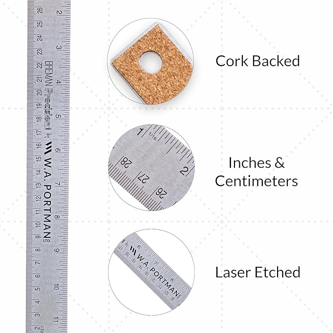 Breman Precision Metal Ruler 12 Inch Cork Back – 2 Pk Stainless Steel Straight - Image 2