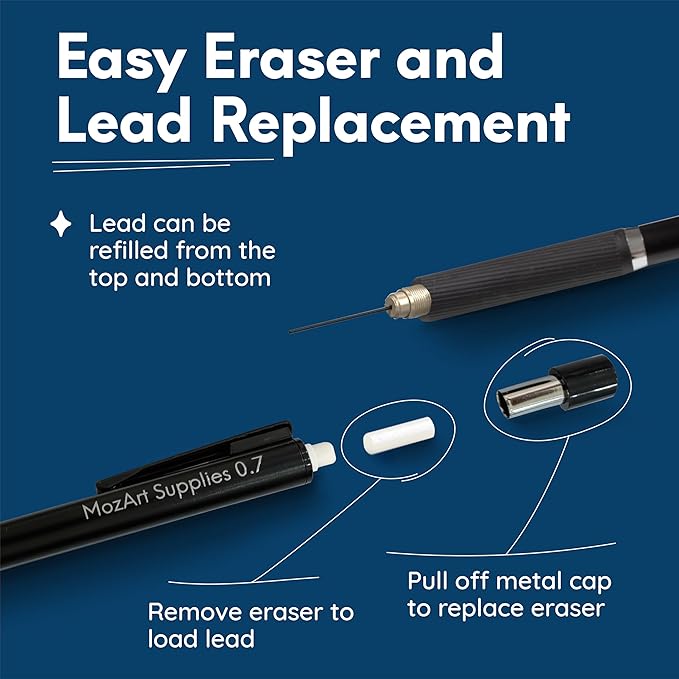 MozArt Mechanical Pencil 0.7mm Set 2x30 HB Lead & Eraser Pen Refills | Metal - Image 3