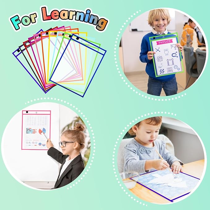 30 Packs Dry Erase Pocket Sleeves, Reusable Clear Plastic Classroom Pocket - Image 6