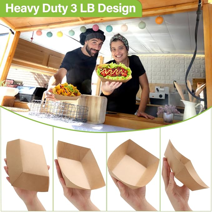 100 Pack 3lb Heavy Duty Paper Food Trays Kraft Leak Proof Paper Food Boats - Image 4
