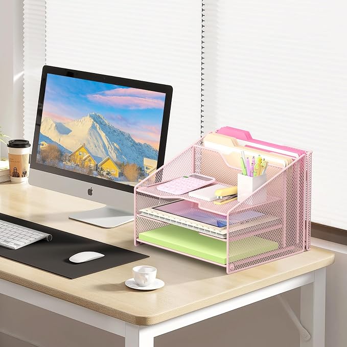 Samstar Pink Desk File Organizer, Mesh Letter File Folder Holder - Image 4