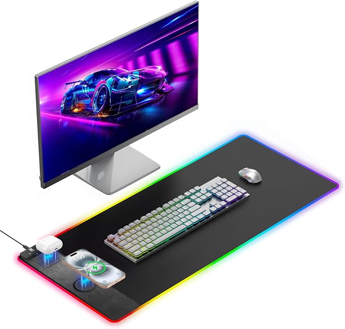 Mouse Pad with Magnetic Wireless Charging, Large Desk Pad Protector, RGB Black by miroddi