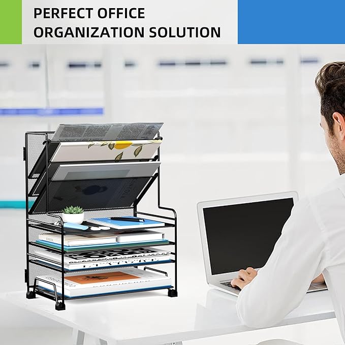 MINDEPOT 4-Tier Paper Organizer + 3-Pocket File Holder + Drawer + Pen Holders - Image 5