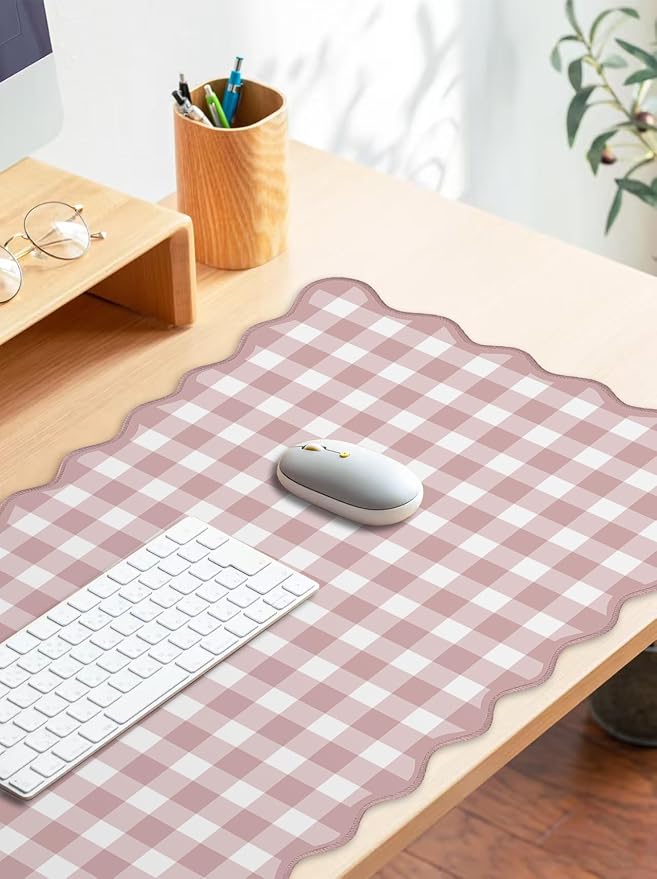 Scalloped‌ Pink Checkered Gingham Desk Mat Cute Pastel Large Mouse Pad Kawaii - Image 3