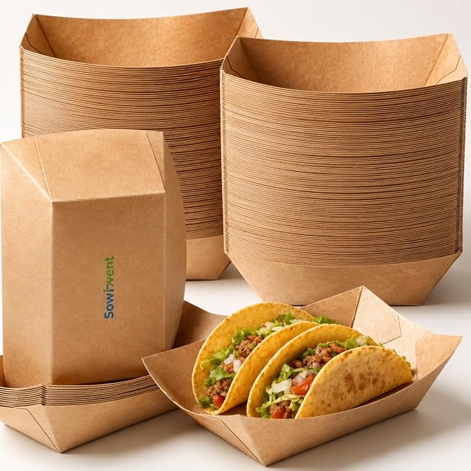 Disposable Kraft Paper Food Trays 2lb 200 Count, Oil Leak Proof Paper Food by Sowinvent