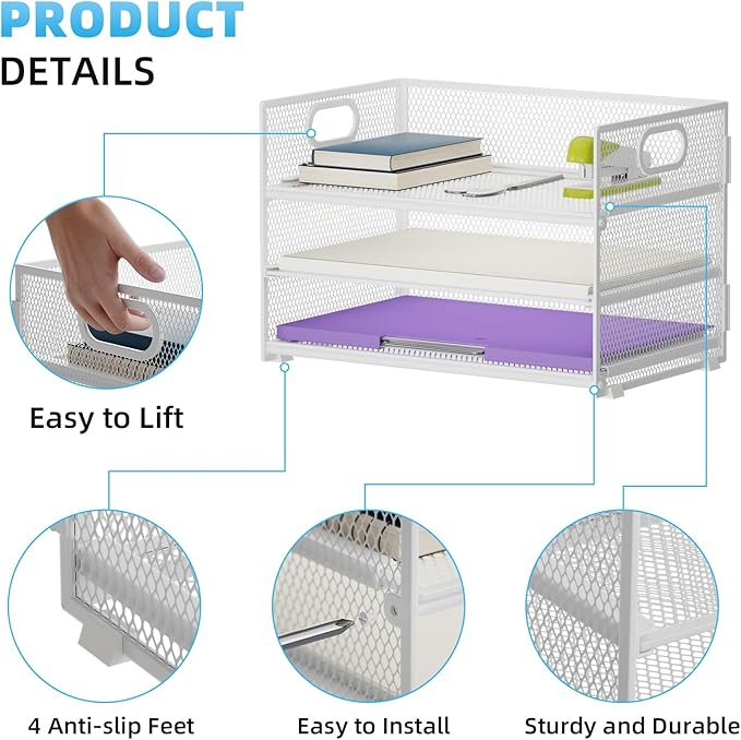 Marbrasse 3 Tier Paper Organizer Letter Tray, Mesh File Organizer - Image 4