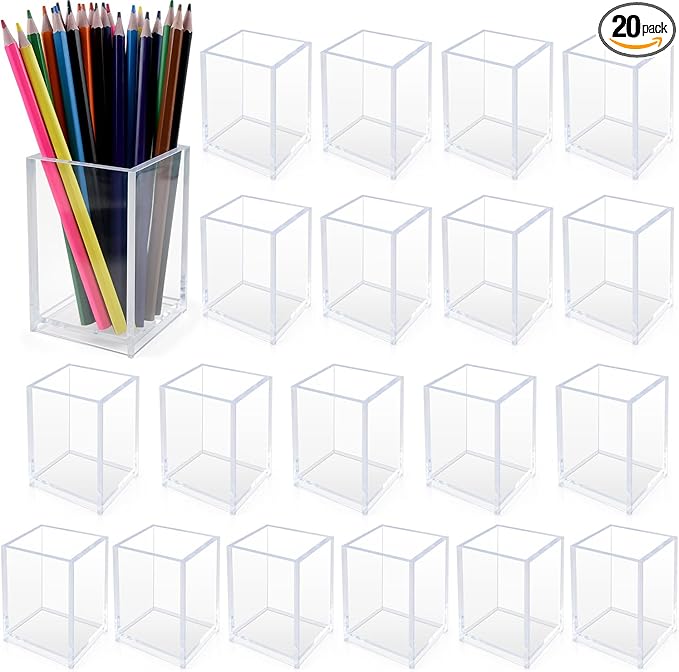 20 Pack Clear Acrylic Pen Holders, Bulk Pencil Cup Desk Organizers | Bulk Clear by CDIVEFTN