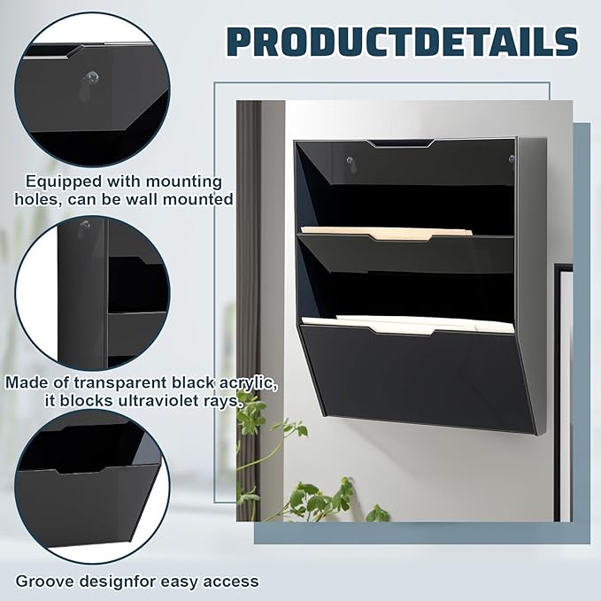 Chunful 3 Tier Mail Sorter Letter Wall Holder Black Acrylic Wall Mounted Mail - Image 3