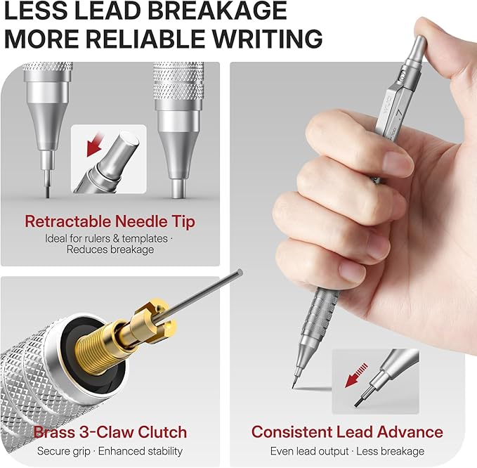 WUO Mechanical Pencils 0.7mm, 3 Silver Metal Drafting Pencils - Image 3